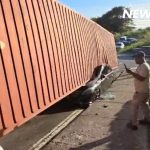 One Injured After 40-Foot Container Truck Overturns, Crushing Car